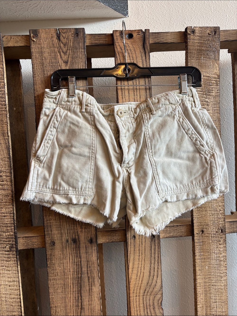 American Eagle Outfitters Light Cream Frayed-Hem Jean Shorts